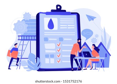 People near huge paper tablet with report of water flow and checkboxes analyzing data. Water management, ecology, IoT and smart city concept. Vector illustration on white background.