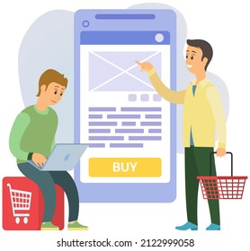People near huge smartphone with buy icon on screen make online purchases. Smart app, retail mobility solutions, internet shopping, Men use application for shopping, online payment for goods