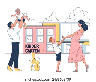 People near kindergarten. Father with son and mother with daughter near educational institution for children. Happy parents with kids. Linear vector illustration isolated on white background