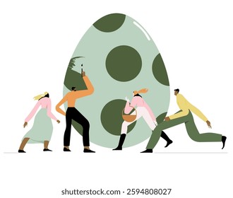 People near a large Easter egg. Concept of creation, Easter celebration.