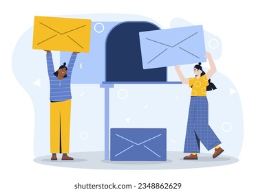 People near mailbox concept. Women with messages and envelopes. Remote international communication and interaction. Businness correspondence and mailing. Cartoon flat vector illustration