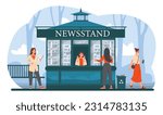 People near newsstand concept. Women buy newspapers and read news. Proud infrastructure and architecture, small business. Information and mass media. Cartoon flat vector illustration