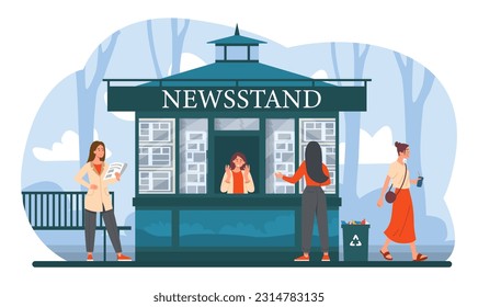 People near newsstand concept. Women buy newspapers and read news. Proud infrastructure and architecture, small business. Information and mass media. Cartoon flat vector illustration