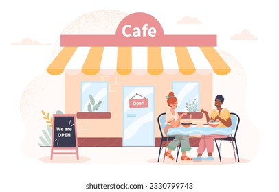 People near open cafe concept. Catering and small business. Students or friends spending time together. Coffee shop or restaurant. Meeting of colleagues. Cartoon flat vector illustration