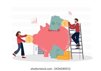 People near piggy bang saving money, investing and family budget concept, financial education, accounting, flat vector illustration