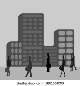 People near the plant. Vector illustration. The concept of work in the industrial zone. Black and white picture