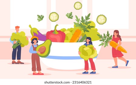 La gente se acerca al concepto de plato con verduras. Alimentación sana y dieta vegetariana, nutrición adecuada con vitamina. Basura, brócoli, zanahoria y aguacate, lechuga. Dibujo vectorial plano de dibujos animados