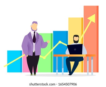 People near statistics chart with successful performance. Man sit on chair by table and work on laptop. Manager stand near office worker and talk about project. Vector illustration of leadership