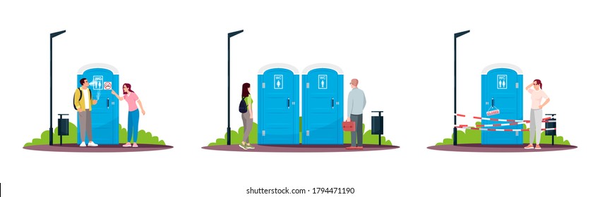 People nearby portable toilets semi flat RGB color vector illustrations set. Bio loo, lavatory, wc. Public convenience restroom service Isolated cartoon character on white background