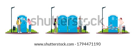 People nearby portable toilets semi flat RGB color vector illustrations set. Bio loo, lavatory, wc. Public convenience restroom service Isolated cartoon character on white background