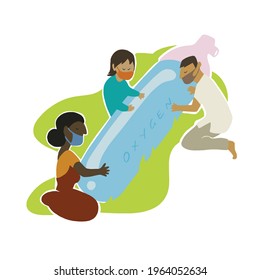 People in need of oxygen during corona virus outbreak. Covid 19 mutant variant relief. Emergency health care supplies sent to people in crisis