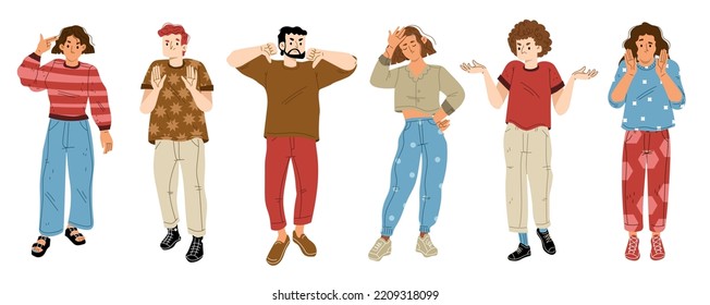 People with negative emotions and gestures of stop, rejection, denial. Diverse anxiety and angry characters show thumb down, disagree and ignore, isolated on white background, vector flat illustration