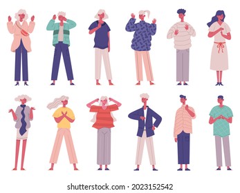 People negative rejection gestures body non verbal communication. Negative body language conversation characters vector illustration set. Disagree negative people gestures. Female and male characters