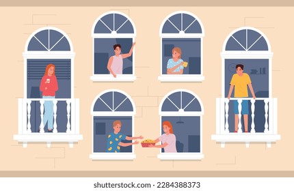 People neighbors communicating flat composition people lean out of windows and talk to each other vector illustration