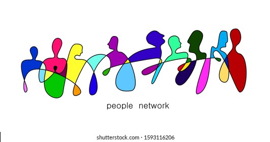 people network concept, crowd of vivid colored people connected with one  line, communication creative contemporary idea, vector