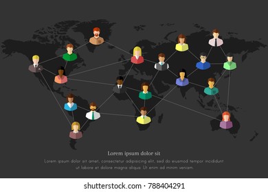 People and network concept with lines connecting them together on a dark world map