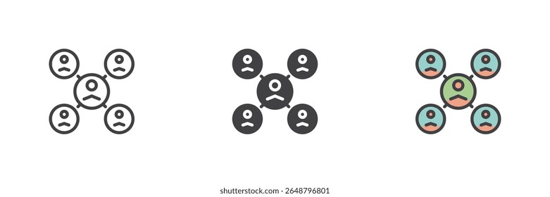 People network line icon, solid and filled outline colorful icon set featuring people connection chart outline, solid network icon and filled outline version as color vector sign symbol.