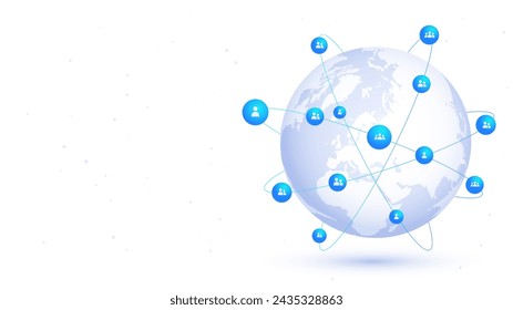 People network white poster. Communication in social networks and media. Avatars of users at world map. Poster or banner. Cartoon flat vector illustration isolated on white background