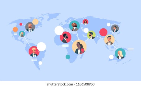 people network world map chat bubbles global communication teamwork connection concept avatar mix race man woman faces flat cartoon character portrait horizontal vector illustration