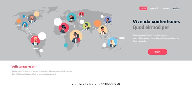 personas red mundo mapa chat burbujas comunicación global equipo conexión de trabajo de equipo avatar mezcla raza mujer hombre mujer se enfrenta a caricatura plana retrato horizontal copia espacio ilustración vectorial