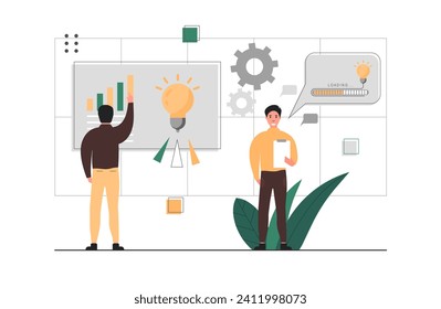 People with new ideas. Mens with light bulb. People work in teams to create new ideas and discuss them. Start up. Financial occupation employees. Vector illustration