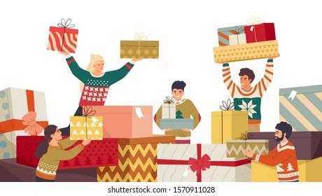 Ilustração vetorial plana de presentes de pessoas e ano novo. Membros da família preparando e recebendo presentes personagens de desenhos animados. Celebração tradicional do feriado de inverno. Surpresas secretas do Papai Noel se desenrol