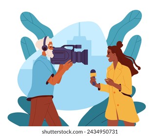 People news reporters. Man with camera and woman with microphone. Mass media workers with reportage. News and information. Cartoon flat vector illustration isolated on white background