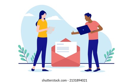 People and newsletter - Woman and man working on business newsletters showing thumbs up. Flat design vector illustration with white background