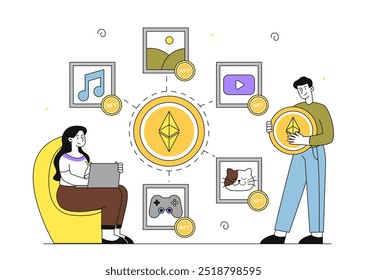 People with nft digital token. Man and woman with cryptocurrency. Digital artwork with blockchain technology. Non fungible token. Linear vector illustration isolated on white background