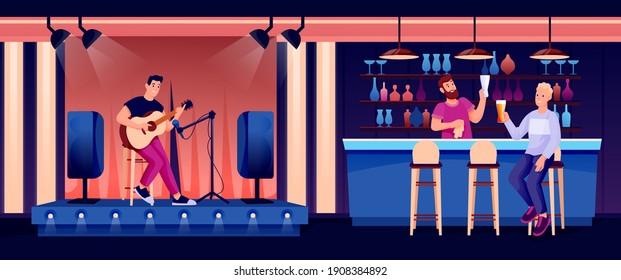 Menschen in der Nachtbar oder im Pub. Bartender am Tresen, junger Mann Gitarre spielen im Rampenlicht. Abends Freizeitaktivitäten, Vektorgrafik. Horizontales Panorama.
