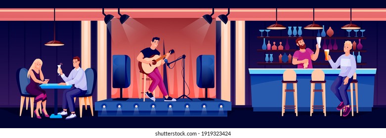 People in night bar or pub. Bartender at counter, young man playing guitar in spotlight, romantic date at table. Evening recreation activities vector illustration. Horizontal panorama.