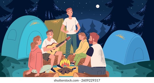 People night camp. Friends with guitar and marshmallow sitting around bonfire, summer picnic tents forest landscape campfire fire light hiking adventure, classy vector illustration original artwork