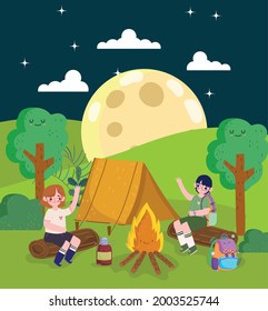 people night camping campfire cartoon