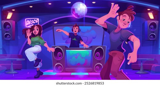 People at night club party. Cartoon vector illustration of young man and woman dancing on dancefloor, male dj character playing on stage behind deejay stand, tables and glittering ball on ceiling.