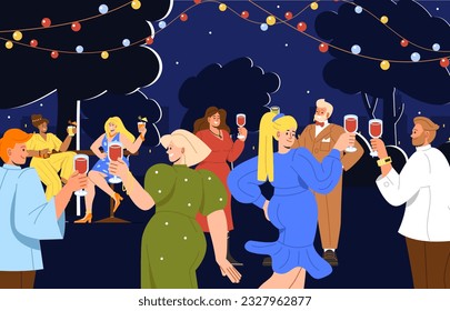 El concepto de fiesta al aire libre por la noche. Hombres y mujeres bailan con cócteles en las manos. Personajes con gafas y bebidas alcohólicas. Evento en la discoteca. Dibujo vectorial plano de dibujos animados