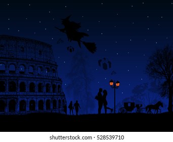 People at night in Rome with witch Befana sitting on a broomstick  flying over a city, vector illustration