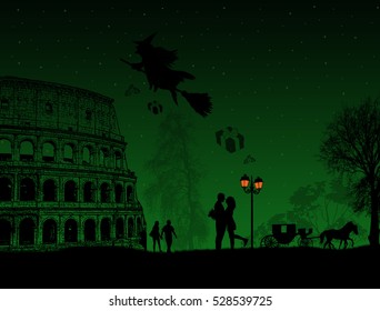 People at night in Rome with witch Befana sitting on a broomstick  flying over a city, vector illustration