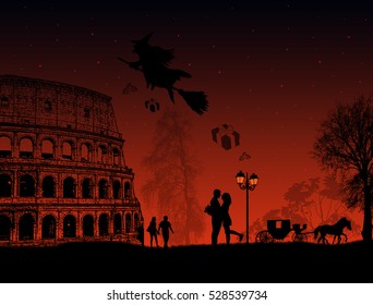 People at night in Rome with witch Befana sitting on a broomstick  flying over a city, vector illustration
