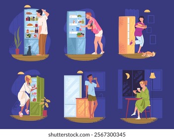 People night snack. Hungry man woman with insomnia stress eating at open refrigerator, late midnight hunger tendency indulge comfort food, unhealthy meal classy vector illustration original artwork