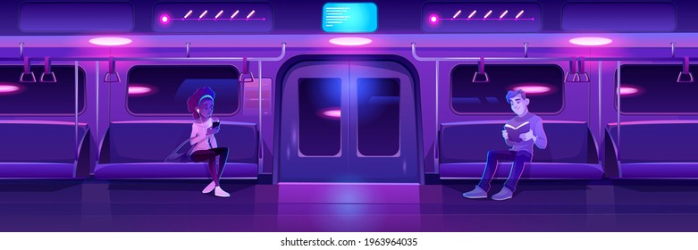 People in night subway train car. Woman with phone and man with book in metro wagon with neon glowing illumination. Underground railway carriage with sitting passengers, Cartoon vector illustration