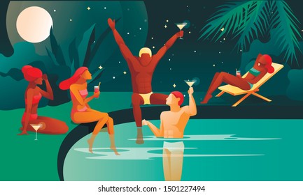 People at Night Swimming Pool or Tropical Beach Cocktail Party -Banner or Poster Concept. Young Men and Women Group, Friends having Summer Vacation Holiday Fun. Flat Vector Illustration Background.