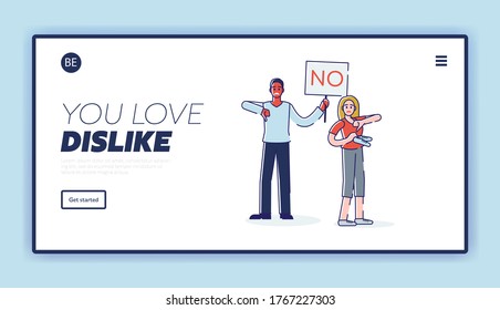 People with NO signboard and thumbs down. Negative feedback or social protest landing page design. Diverse man and woman with disagree placard and dislike signs. Linear vector illustration