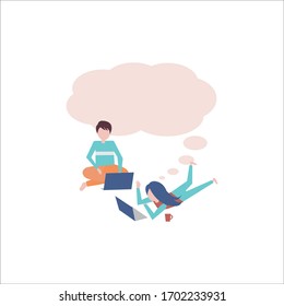 people with notebook in flat illustration vector, home working concept design and space for text  