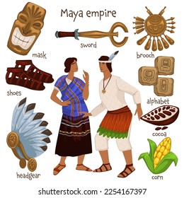 People and objects from maya empire period. Man and woman wearing traditional clothes. Golden sword and alphabet, mask and shoes, corn and cocoa, headgear national hats. Vector in flat style