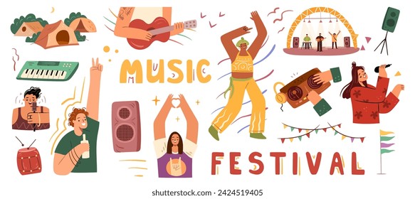 People and objects from open air festival. Vector isolated performers and fans dancing and singing. Loud speaker, and musical instruments for concert show. Stage for band and tents for audience