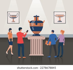 People observing ancient vase vector illustration. Visitors taking photos of decorations from ancient Greece in museum. Return to ancient Greece, mythology, nostalgia concept