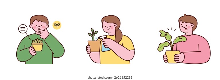 People observing, spraying, and checking houseplants for problems. Flat cartoon style indoor plant care illustration.