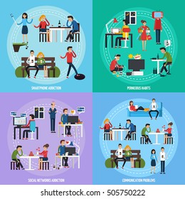 People obsessions template with different socical and person addictions and problems in flat style vector illustration