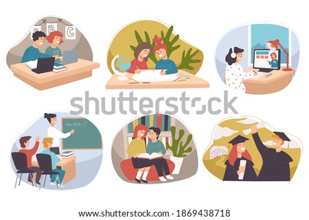 People obtaining knowledge in school, college and university. Pupils at lessons doing projects together. Students graduating from uni celebrating diploma in hands and degree. Vector in flat style