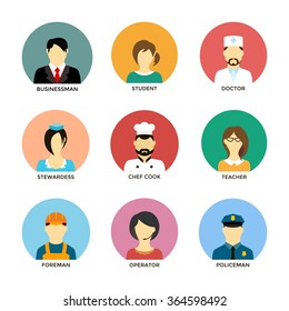 People occupation avatar set in flat style. Avatars of different people professions characters. Chef cook, businessman, operator, teacher, student,  doctor, stewardess, foreman, policeman avatars.